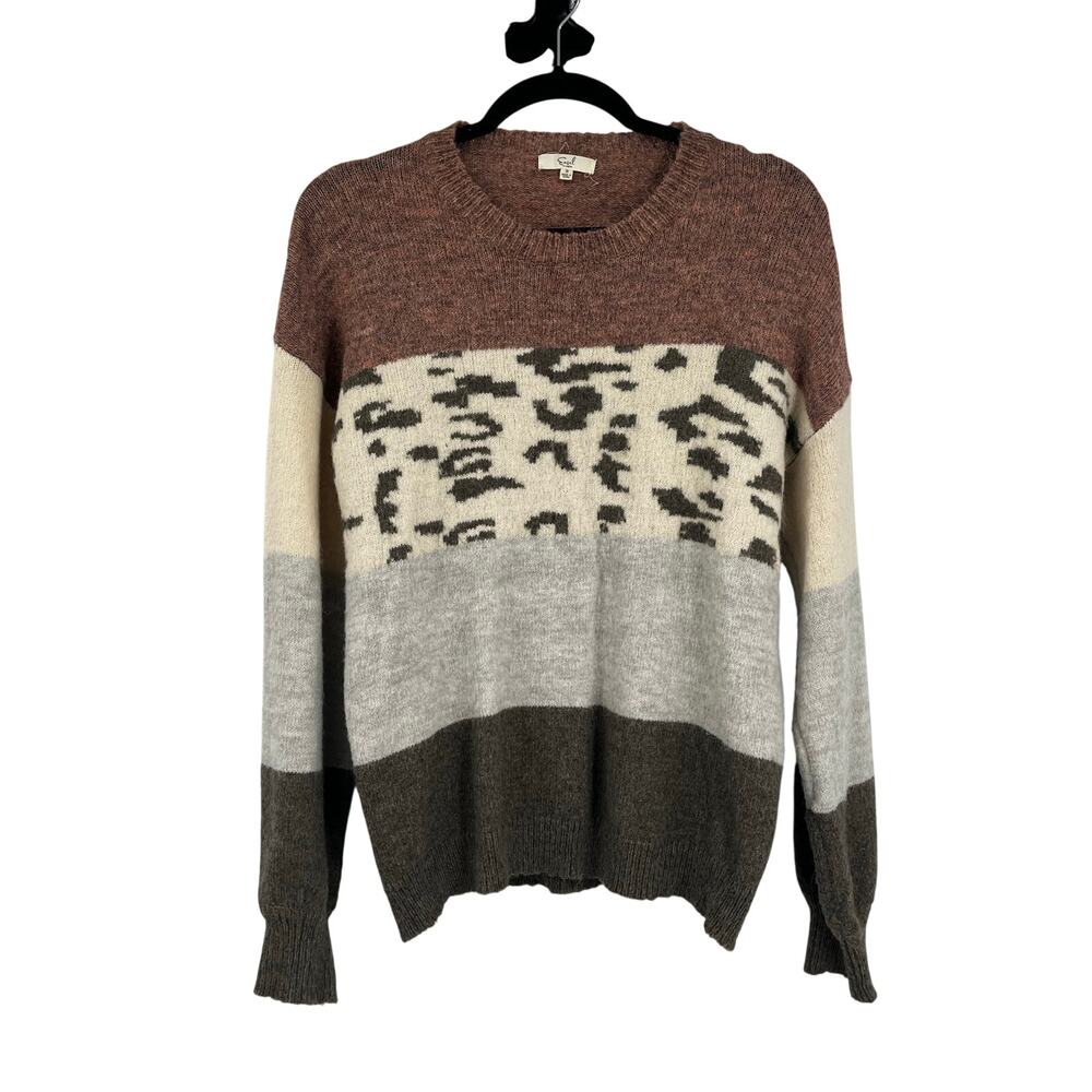 Easel Mixed Animal Print Striped Earthy Neutral Sweater Small Oversized Fall